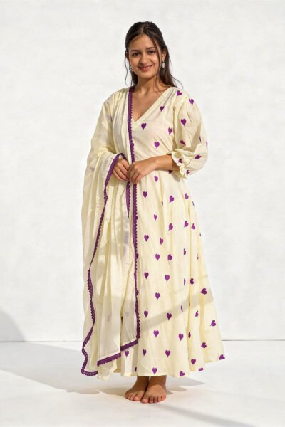 Cream & Purple Heart Print Anarkali Set