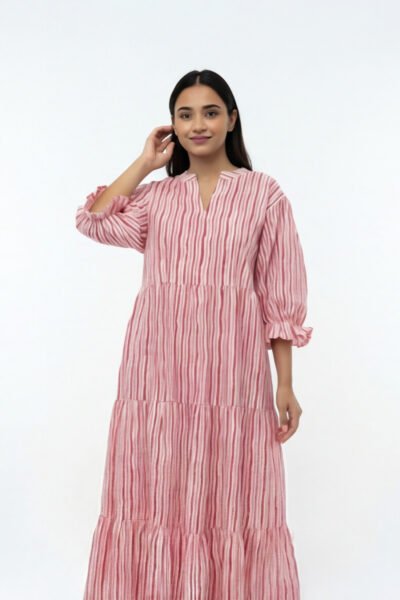 Blush Pink & White Striped Tiered Midi Dress