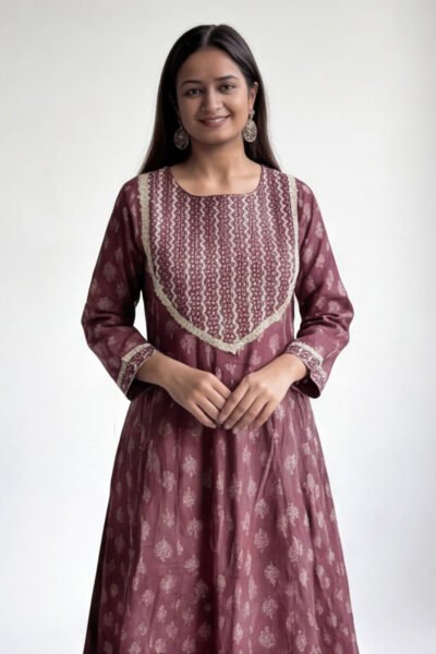 Deep Maroon Ethnic Yoke-Print Flared Dress