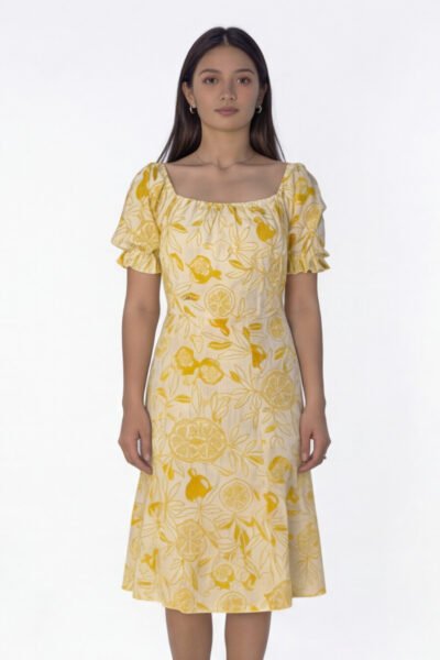 Sunny Yellow Citrus Bloom Square-Neck Dress
