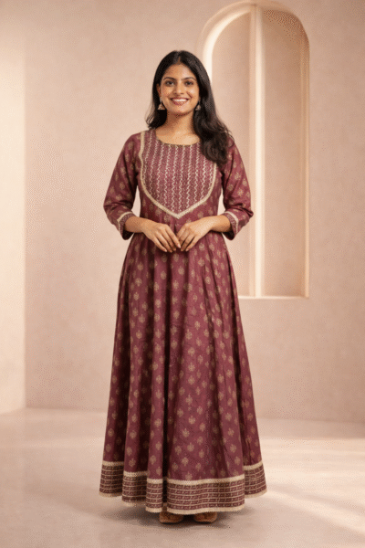 Deep Maroon Ethnic Yoke-Print Flared Dress