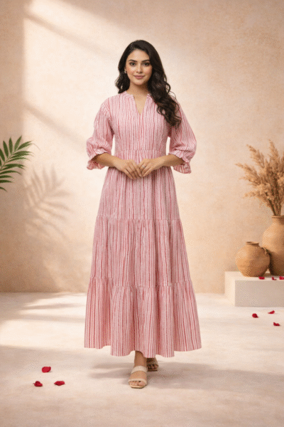 Blush Pink & White Striped Tiered Midi Dress