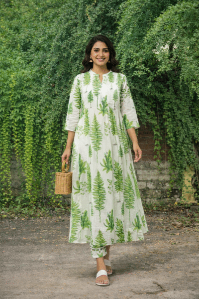 Evergreen Fern Block Print Two-Piece Kurta Set