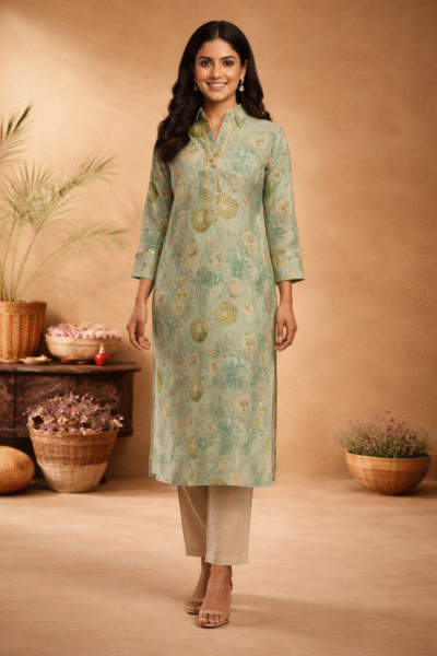 Mint Green Floral Printed Kurti Set for Women
